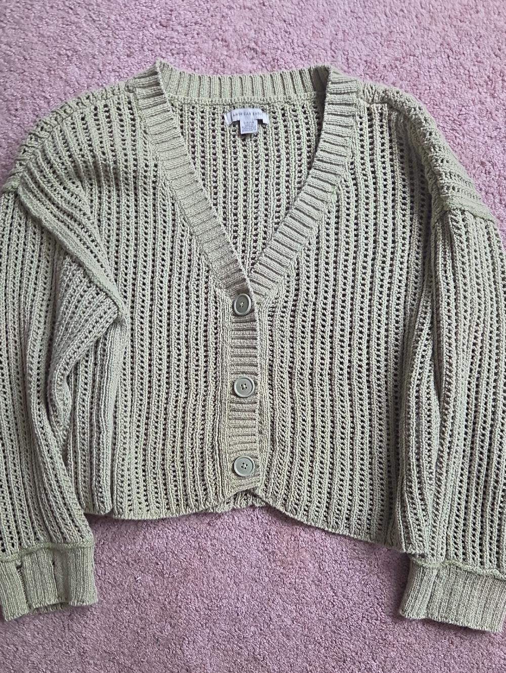 American Eagle Outfitters Olive Open-Knit Button Front Cardigan
